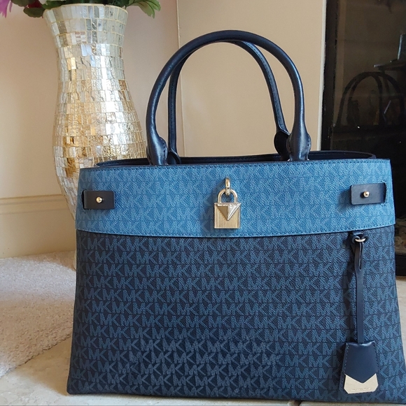 Michael Kors Handbags - Michael Kors Denim and Navy Signature Gramercy Satchel